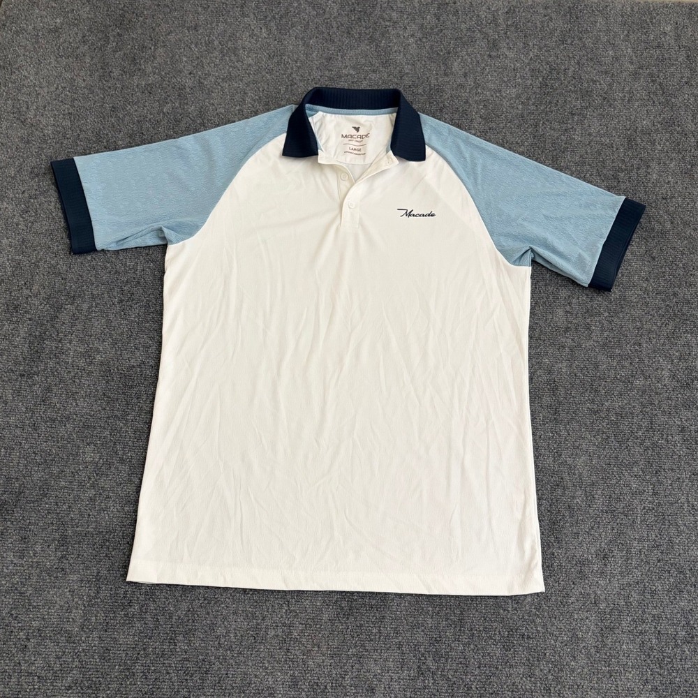 Macade Golf Concept Mens Large White Blue Raglan Stretch Polo Shirt Polyamide